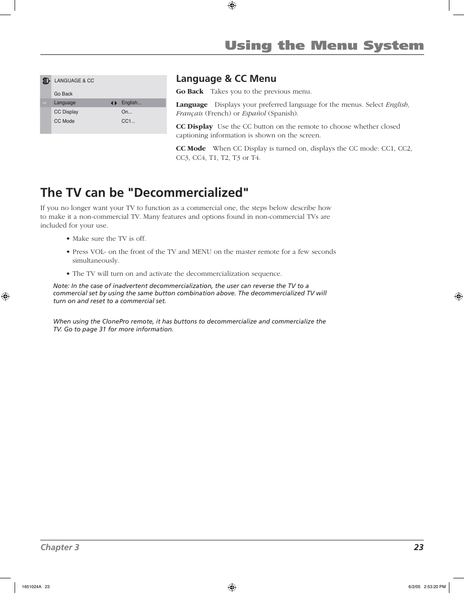 Using the menu system, The tv can be "decommercialized, Language & cc menu | Chapter 3 23 | RCA J20F635 User Manual | Page 23 / 40