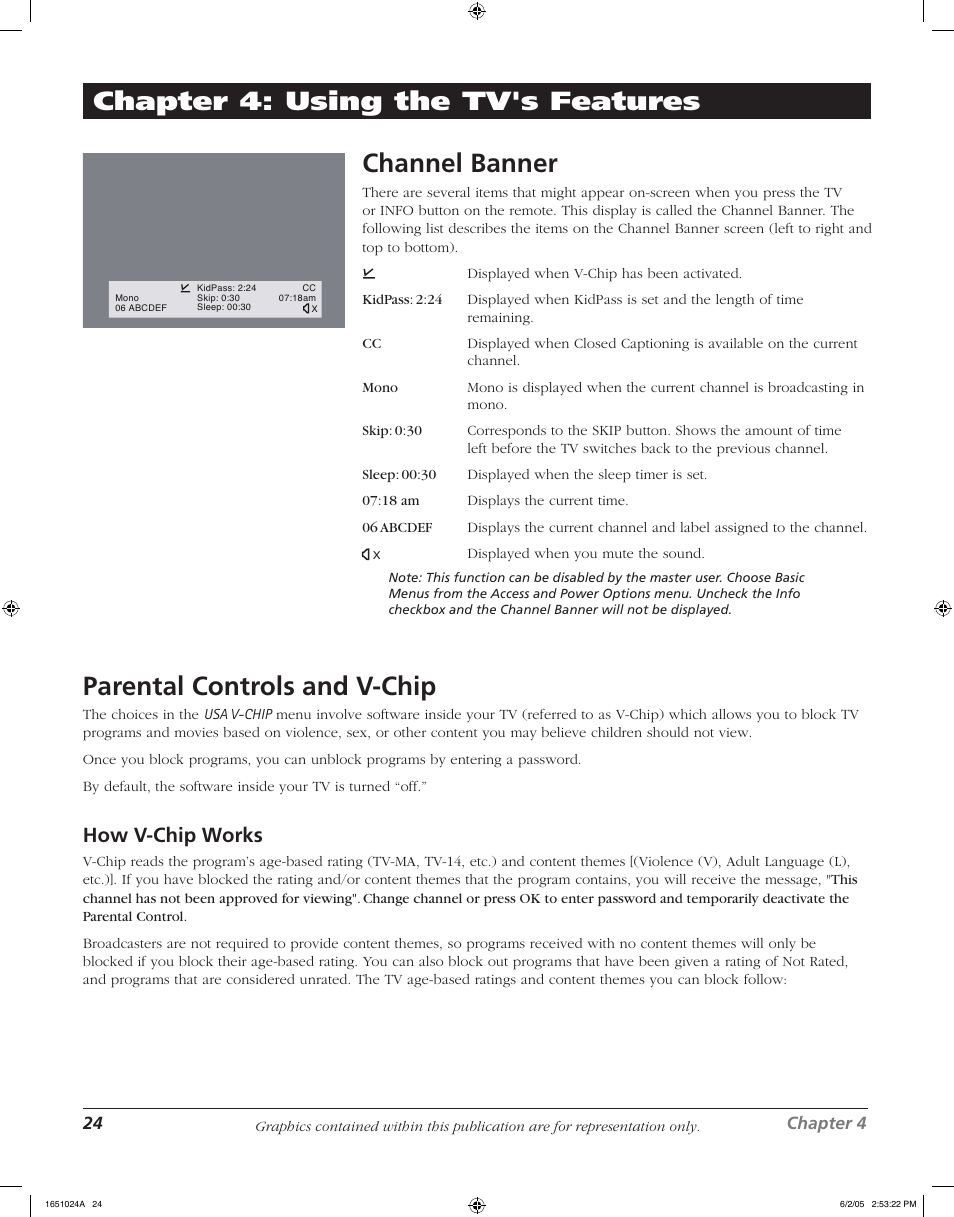 Channel banner, Parental controls and v-chip, Chapter 4: using the tv's features | How v-chip works | RCA J20F635 User Manual | Page 24 / 40