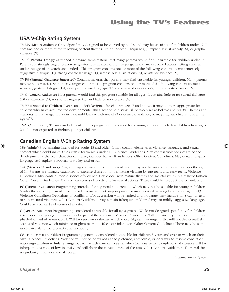 Using the tv’s features, Usa v-chip rating system, Canadian english v-chip rating system | RCA J20F635 User Manual | Page 25 / 40