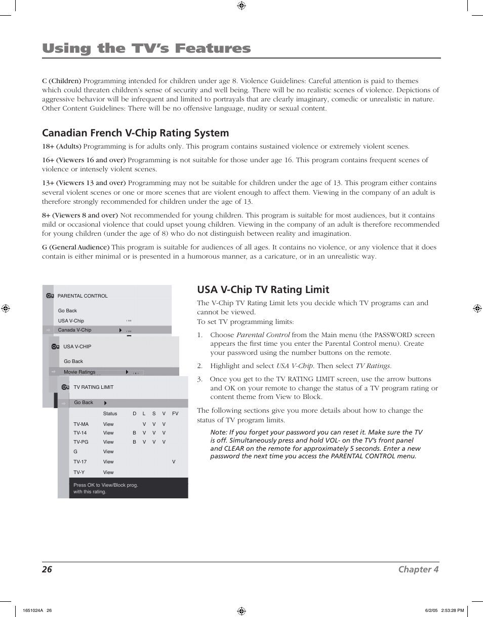 Using the tv’s features, Canadian french v-chip rating system, Usa v-chip tv rating limit | 26 chapter 4 | RCA J20F635 User Manual | Page 26 / 40