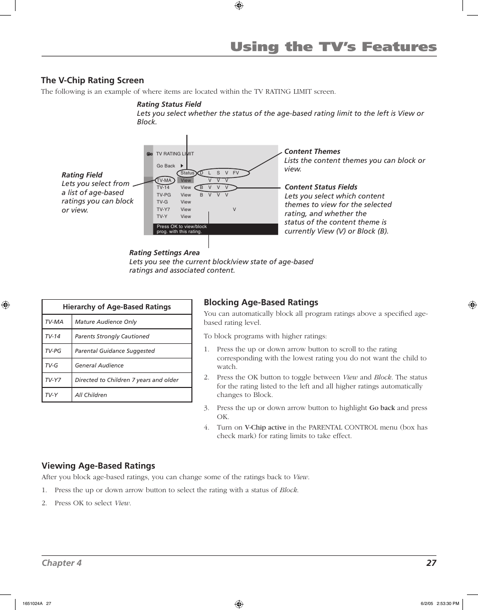 Using the tv’s features, Chapter 4 27, The v-chip rating screen | Blocking age-based ratings, Viewing age-based ratings | RCA J20F635 User Manual | Page 27 / 40