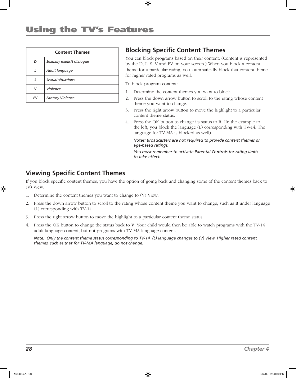 Using the tv’s features, Blocking speciﬁc content themes, Viewing speciﬁc content themes | RCA J20F635 User Manual | Page 28 / 40