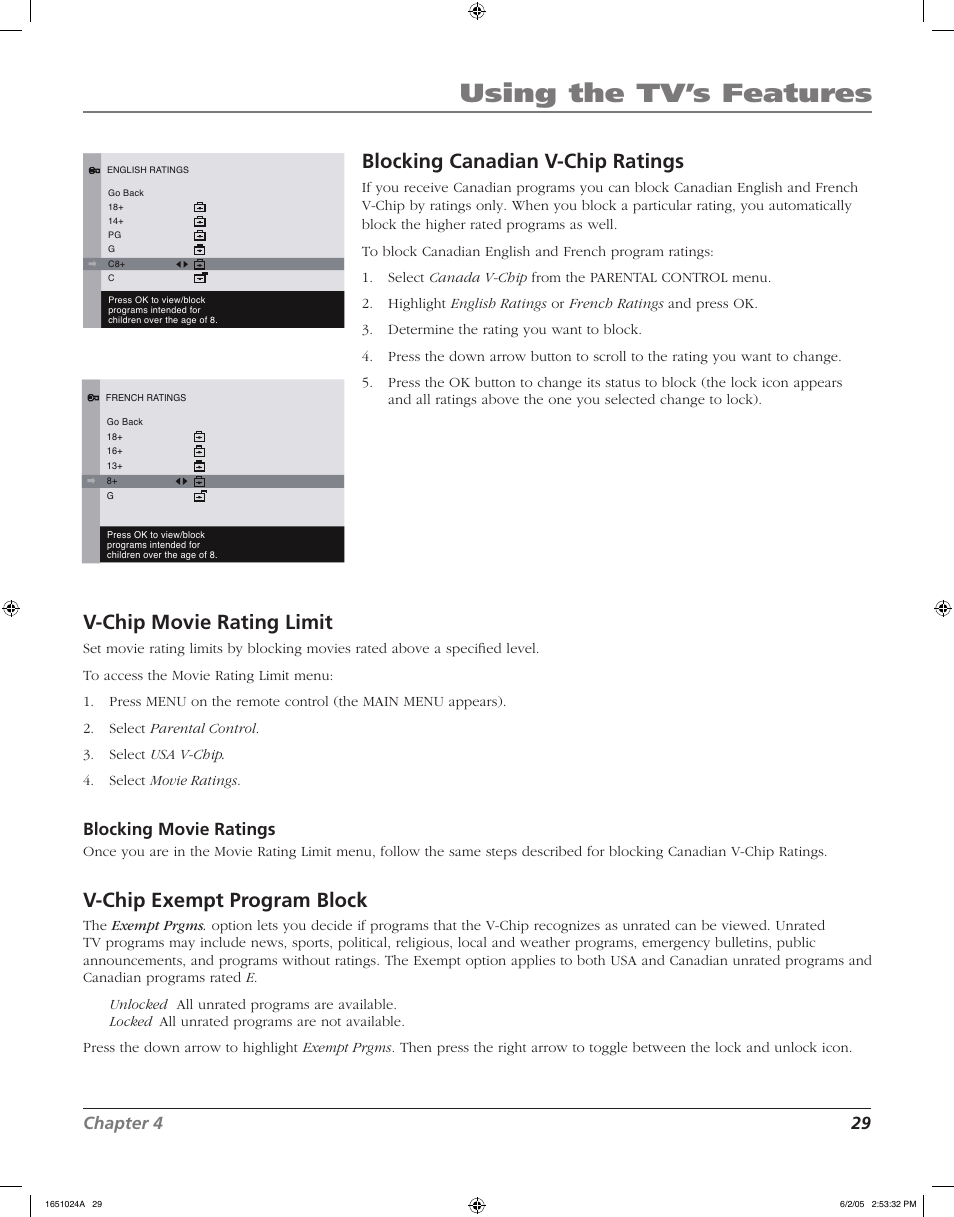 Using the tv’s features, Blocking canadian v-chip ratings, V-chip movie rating limit | V-chip exempt program block, Chapter 4 29, Blocking movie ratings | RCA J20F635 User Manual | Page 29 / 40