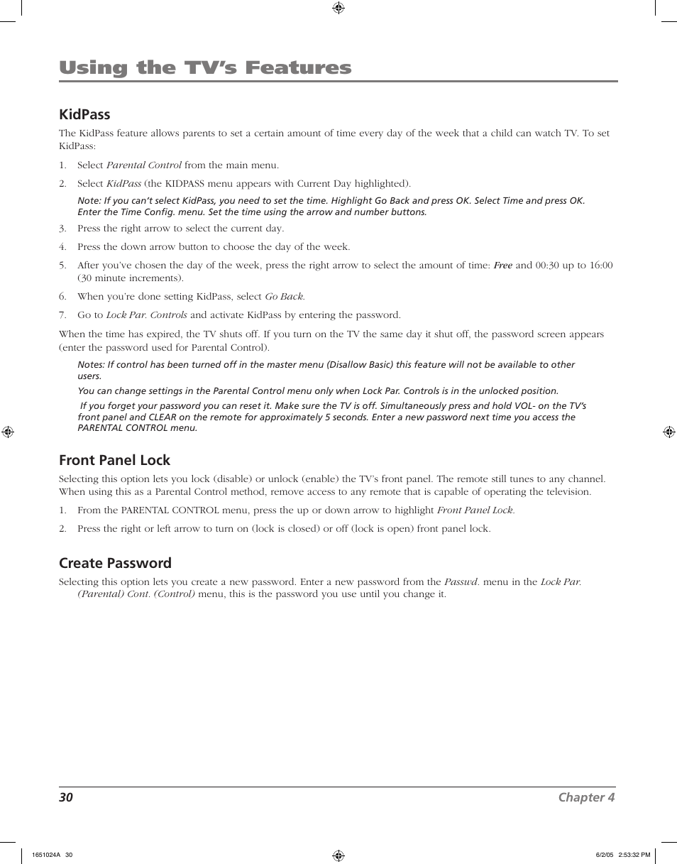 Using the tv’s features, Kidpass, Front panel lock | Create password | RCA J20F635 User Manual | Page 30 / 40