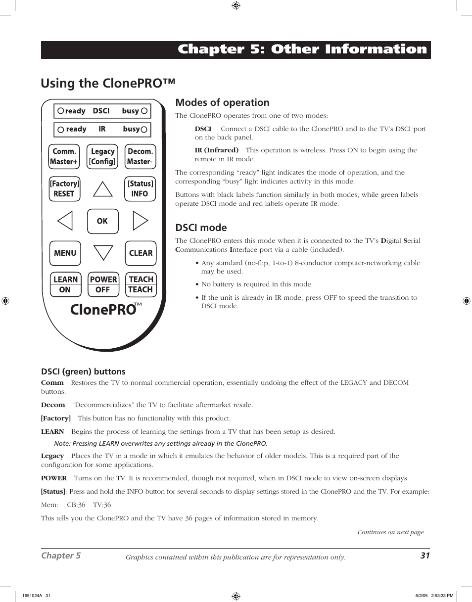 Other information chapter 5: other information, Using the clonepro, Modes of operation | Dsci mode | RCA J20F635 User Manual | Page 31 / 40