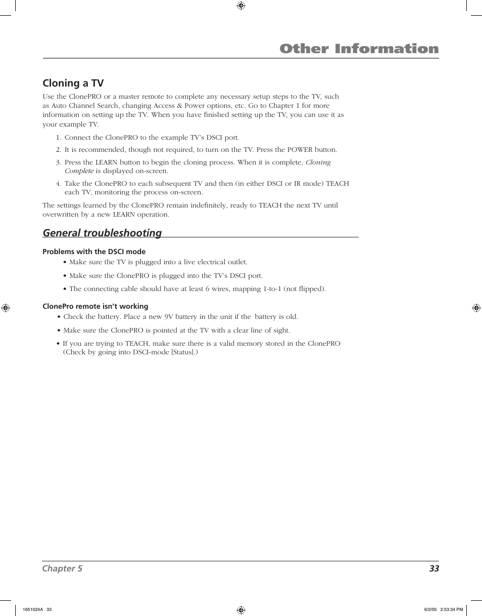 Other information, Cloning a tv, General troubleshooting | RCA J20F635 User Manual | Page 33 / 40