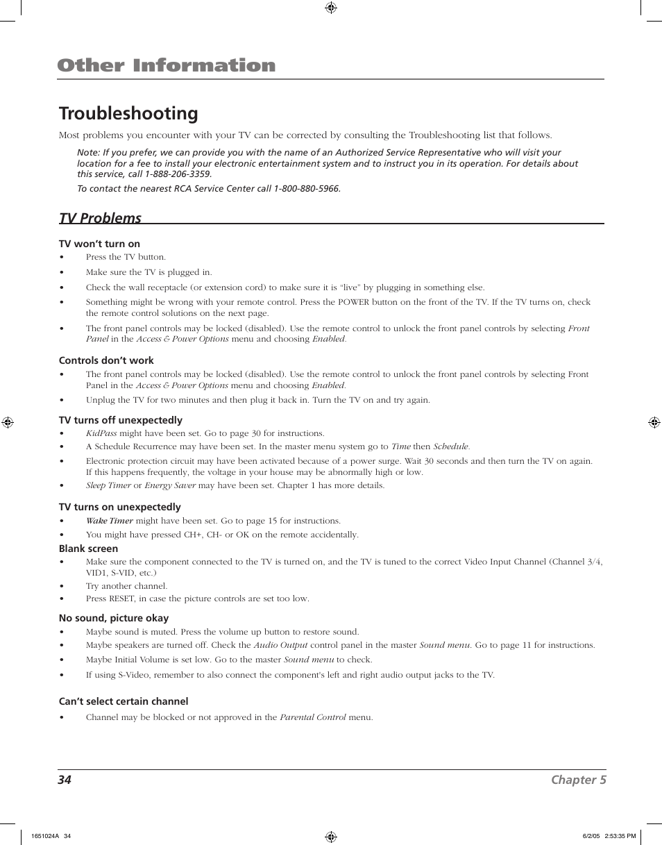Other information troubleshooting, Tv problems | RCA J20F635 User Manual | Page 34 / 40