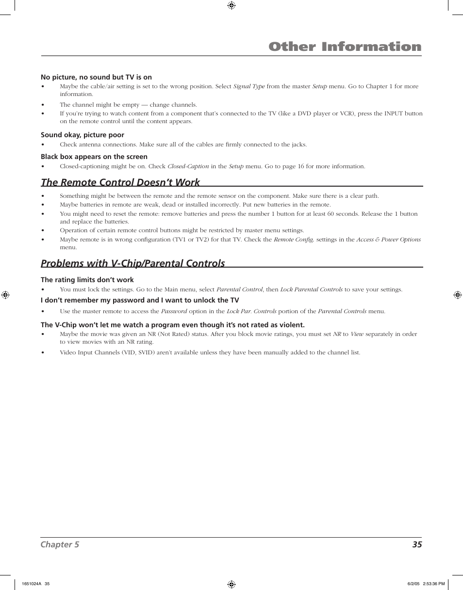 Other information, The remote control doesn’t work, Problems with v-chip/parental controls | RCA J20F635 User Manual | Page 35 / 40
