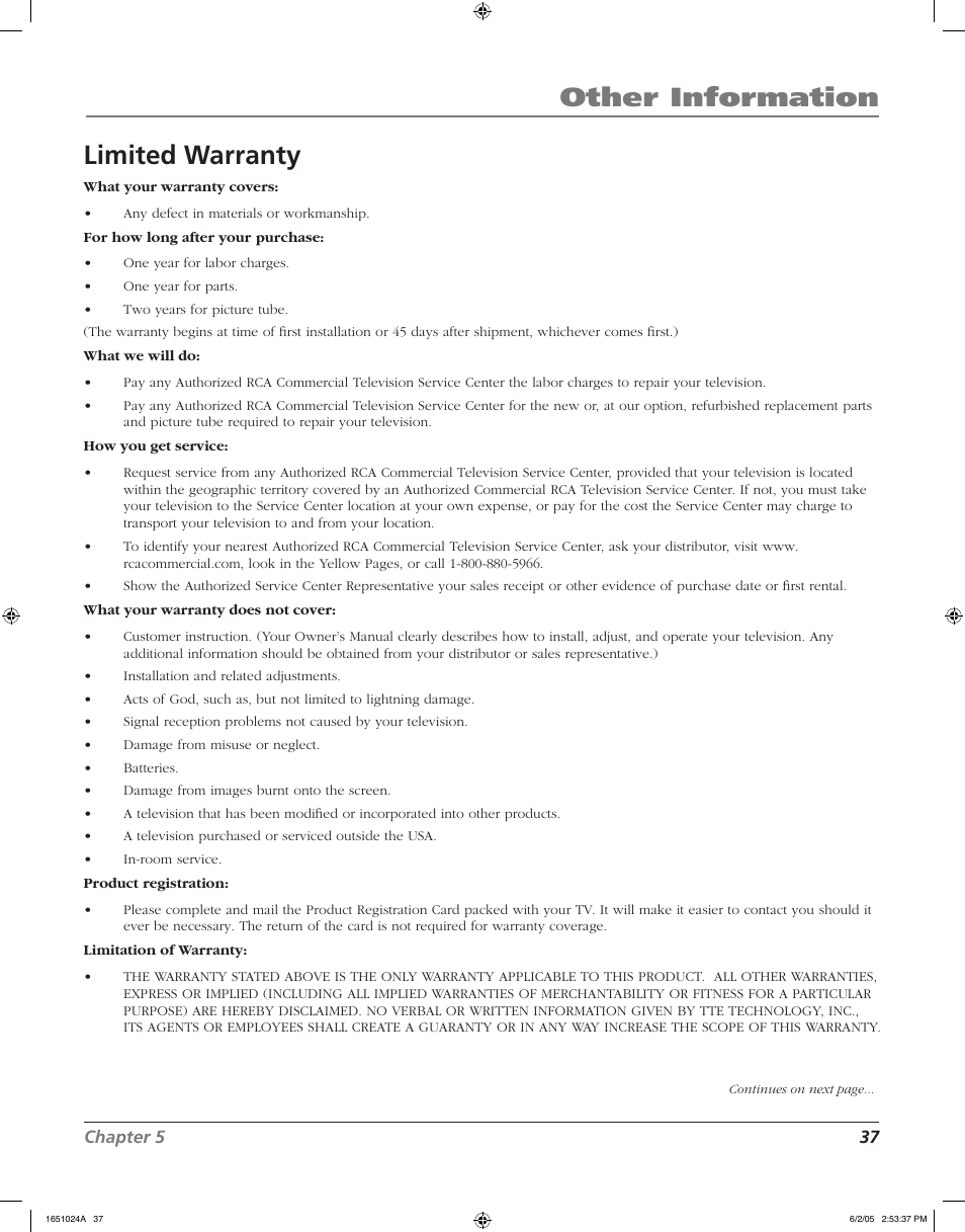 Other information limited warranty, Chapter 5 37 | RCA J20F635 User Manual | Page 37 / 40