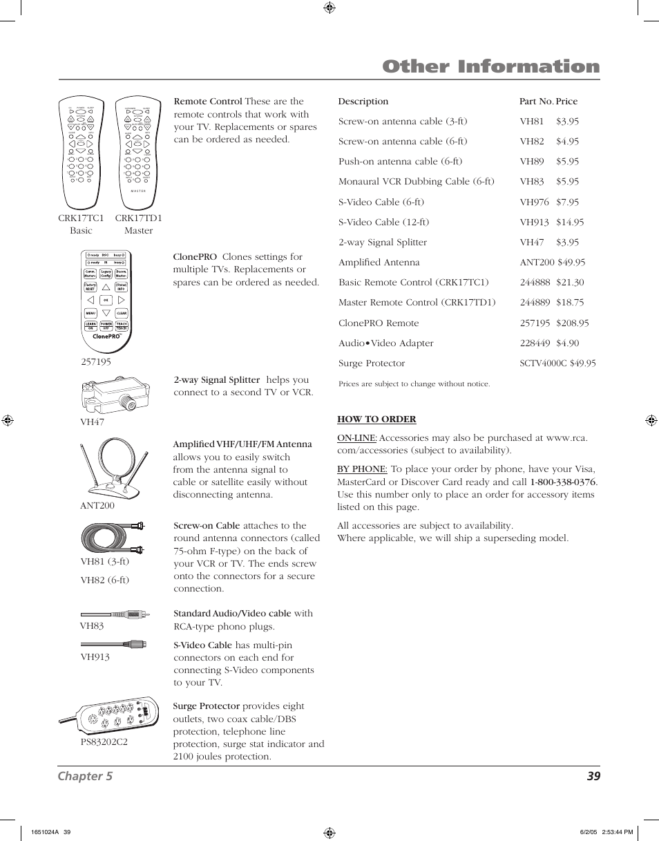 Other information, Chapter 5 39, Description part no. price crk17tc1 basic | RCA J20F635 User Manual | Page 39 / 40