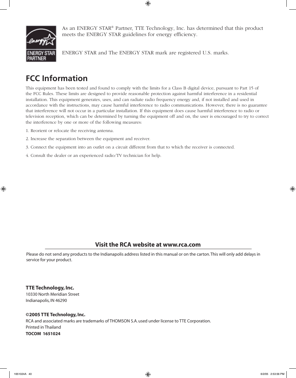 Fcc information | RCA J20F635 User Manual | Page 40 / 40