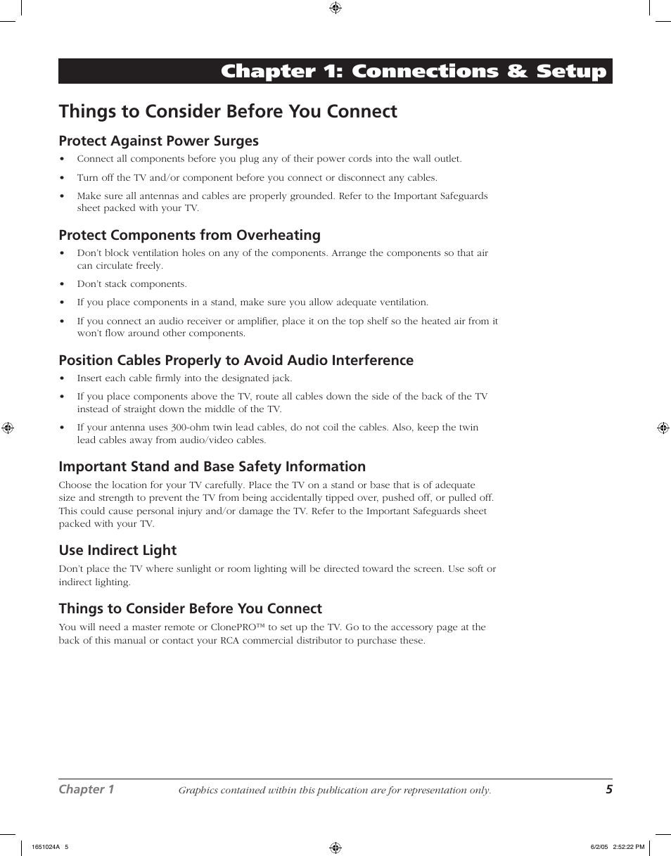 Things to consider before you connect, Chapter 1: connections & setup, Protect against power surges | Protect components from overheating, Important stand and base safety information, Use indirect light | RCA J20F635 User Manual | Page 5 / 40