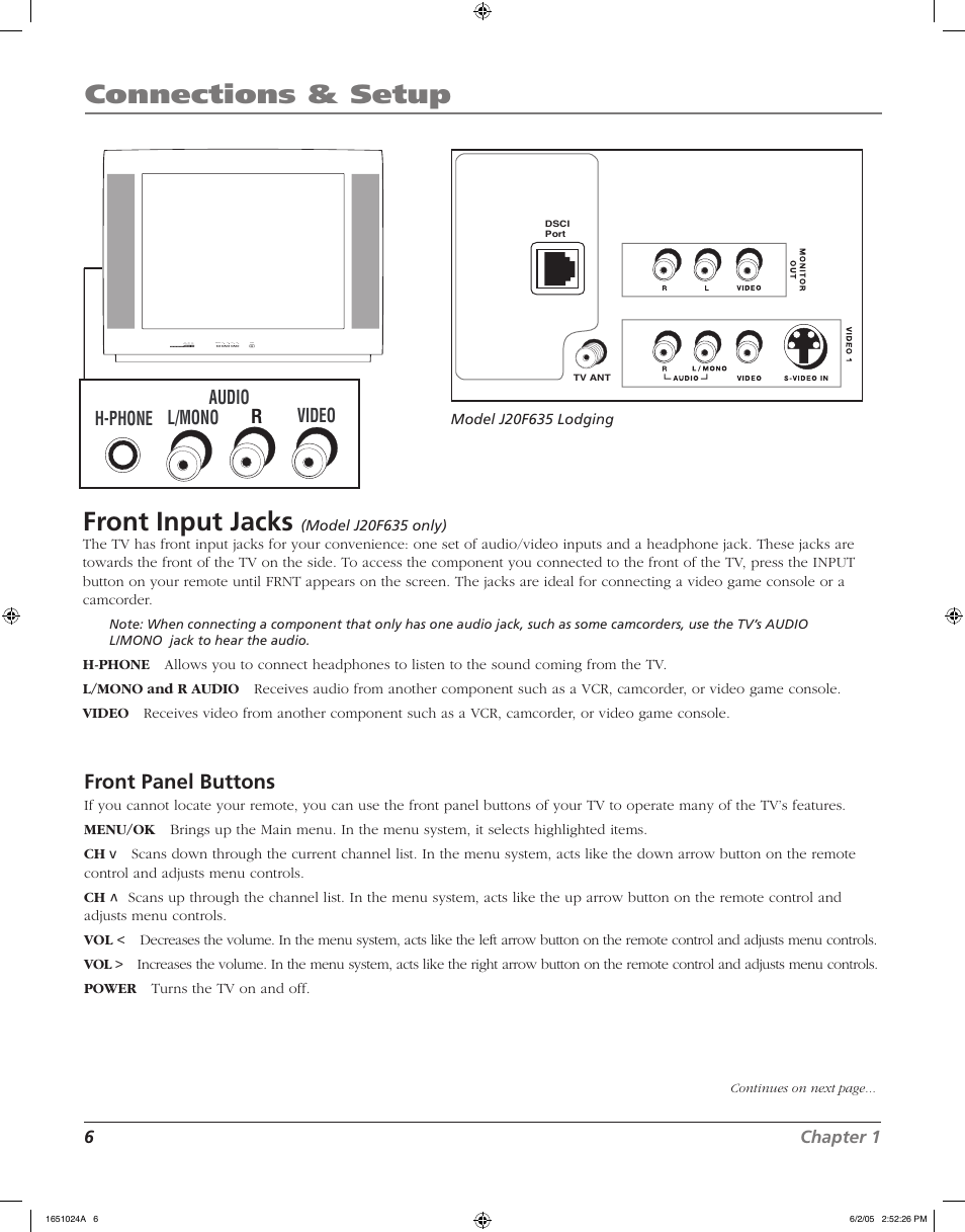 Connections & setup, Front input jacks, Front panel buttons | L/mono audio video r h-phone | RCA J20F635 User Manual | Page 6 / 40