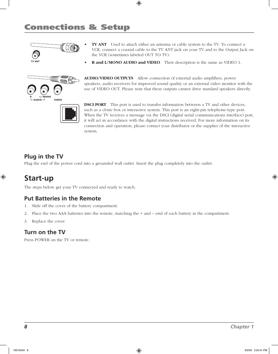 Connections & setup, Start-up, Plug in the tv | Put batteries in the remote, Turn on the tv, 8chapter 1 | RCA J20F635 User Manual | Page 8 / 40