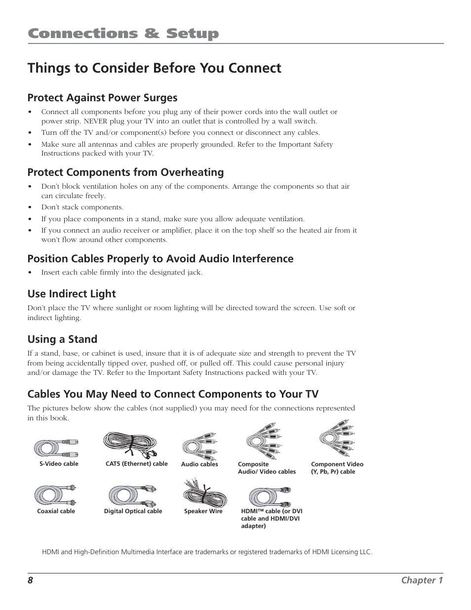 Connections & setup, Things to consider before you connect, Protect against power surges | Protect components from overheating, Use indirect light, Using a stand | RCA HD50LPW52 User Manual | Page 10 / 80