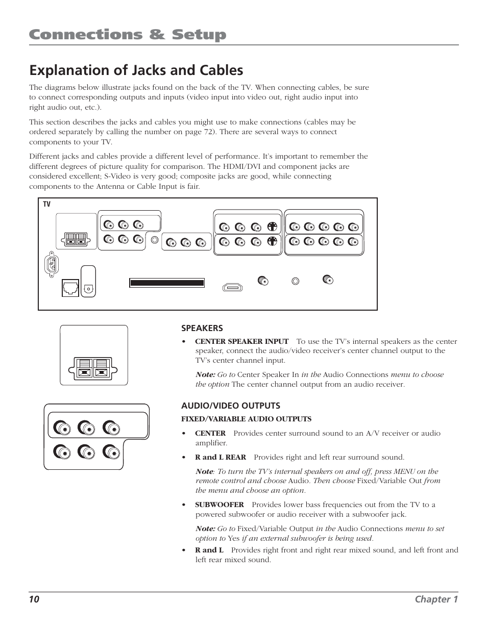 Connections & setup, Explanation of jacks and cables, 10 chapter 1 | Speakers, Audio/video outputs | RCA HD50LPW52 User Manual | Page 12 / 80