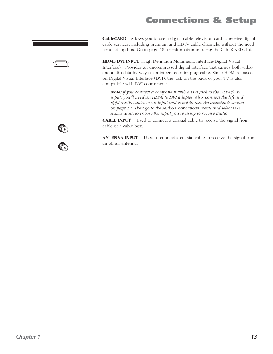 Connections & setup, Chapter 1 13 | RCA HD50LPW52 User Manual | Page 15 / 80