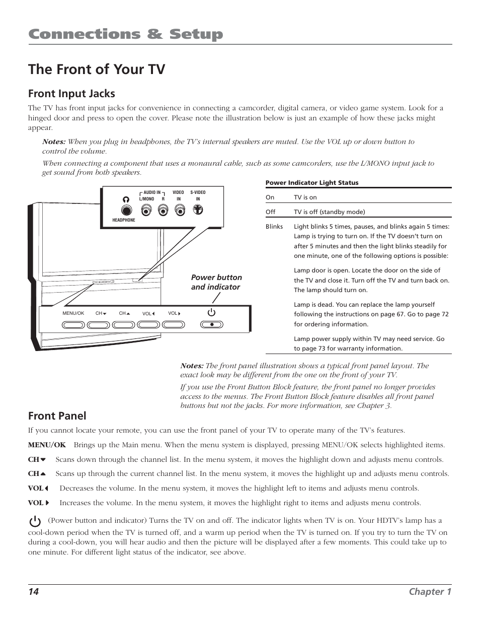 Connections & setup, The front of your tv, Front input jacks | Front panel, 14 chapter 1 | RCA HD50LPW52 User Manual | Page 16 / 80