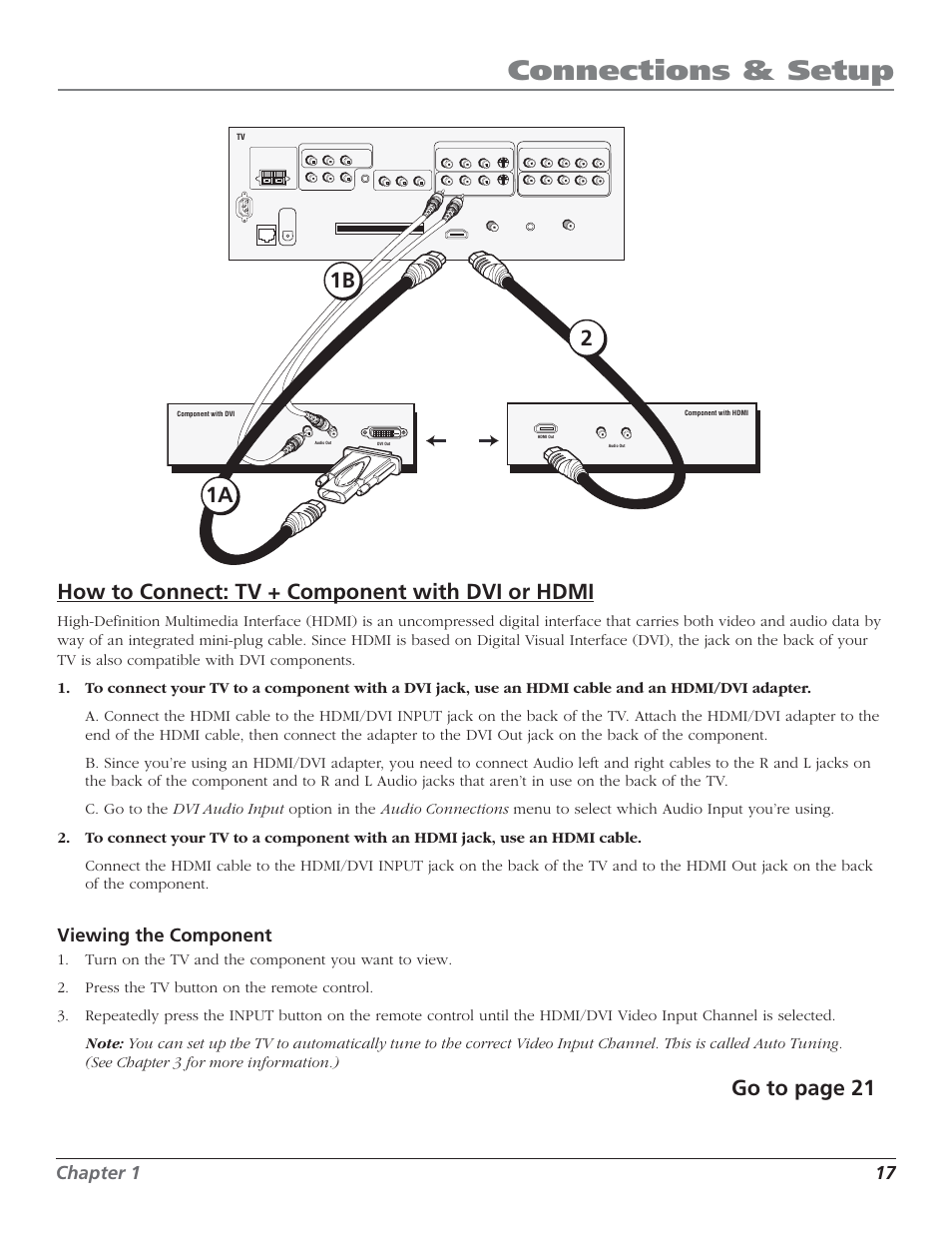 Connections & setup, How to connect: tv + component with dvi or hdmi, Go to page 21 | 1a 2 1b, Chapter 1 17, Viewing the component | RCA HD50LPW52 User Manual | Page 19 / 80