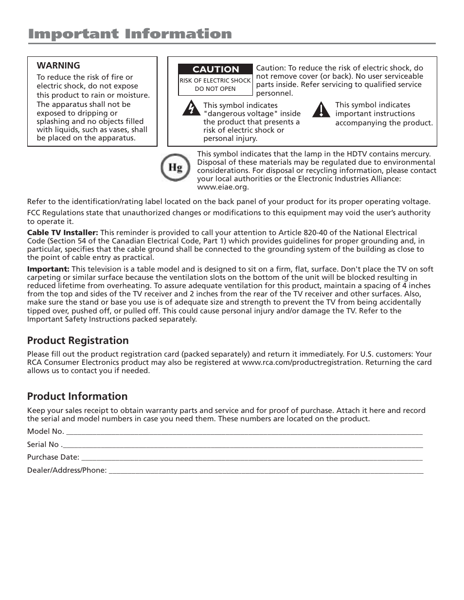 Important information, Product registration, Product information | RCA HD50LPW52 User Manual | Page 2 / 80