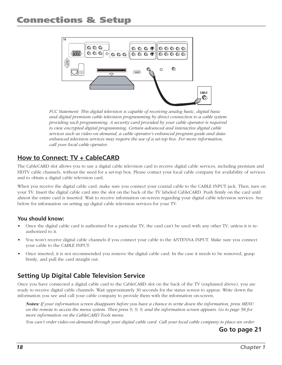 Connections & setup, How to connect: tv + cablecard, Setting up digital cable television service | Go to page 21, 18 chapter 1, You should know, Digital cable card | RCA HD50LPW52 User Manual | Page 20 / 80