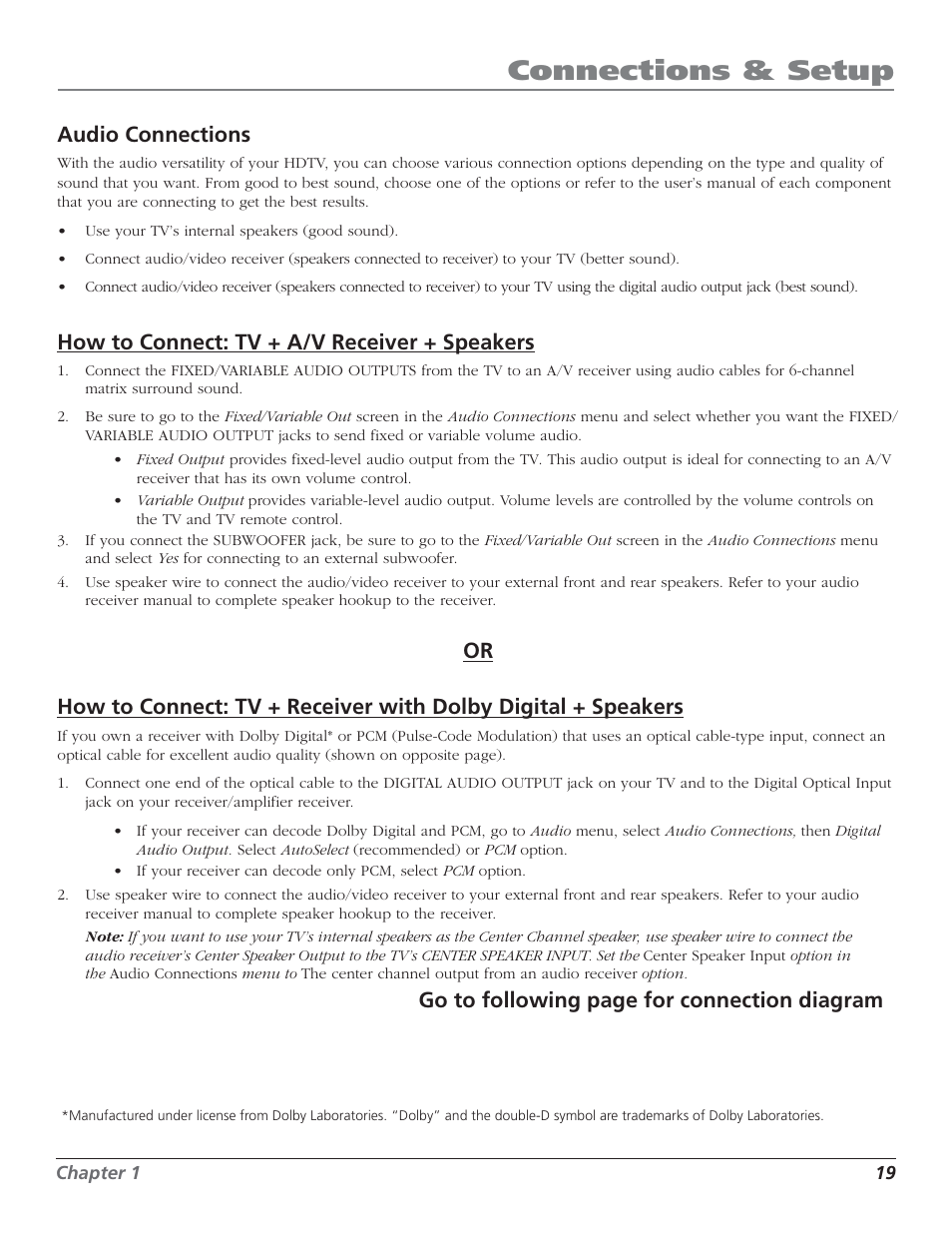 Connections & setup, Audio connections, How to connect: tv + a/v receiver + speakers | Go to following page for connection diagram | RCA HD50LPW52 User Manual | Page 21 / 80