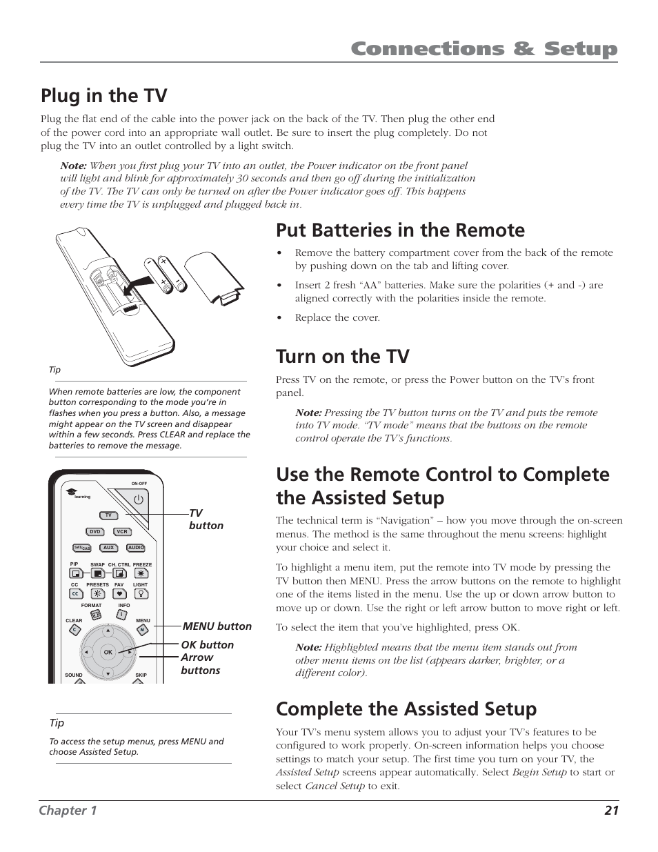 Connections & setup, Plug in the tv, Put batteries in the remote | Turn on the tv, Complete the assisted setup, Chapter 1 21 | RCA HD50LPW52 User Manual | Page 23 / 80