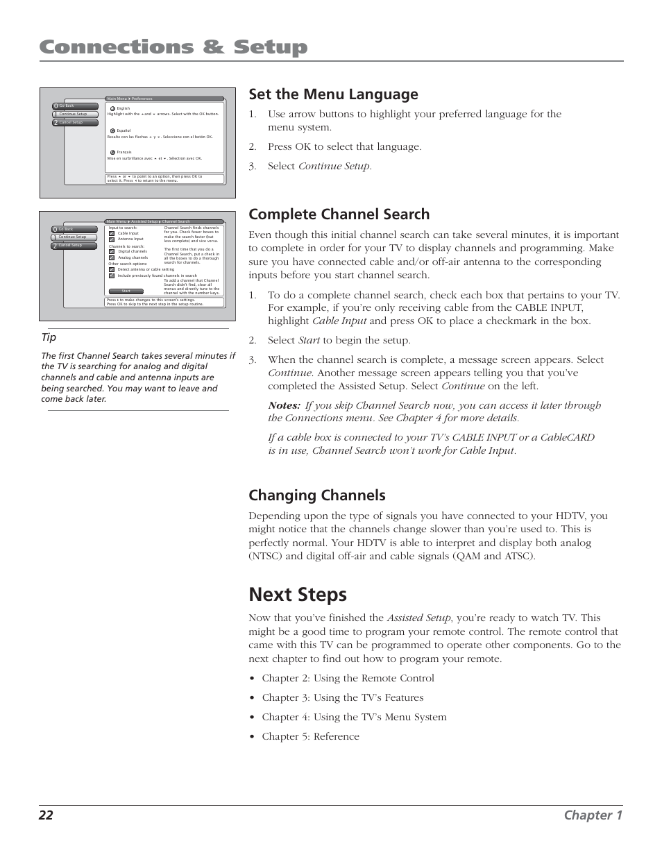 Connections & setup, Next steps, Set the menu language | Complete channel search, Changing channels, 22 chapter 1 | RCA HD50LPW52 User Manual | Page 24 / 80