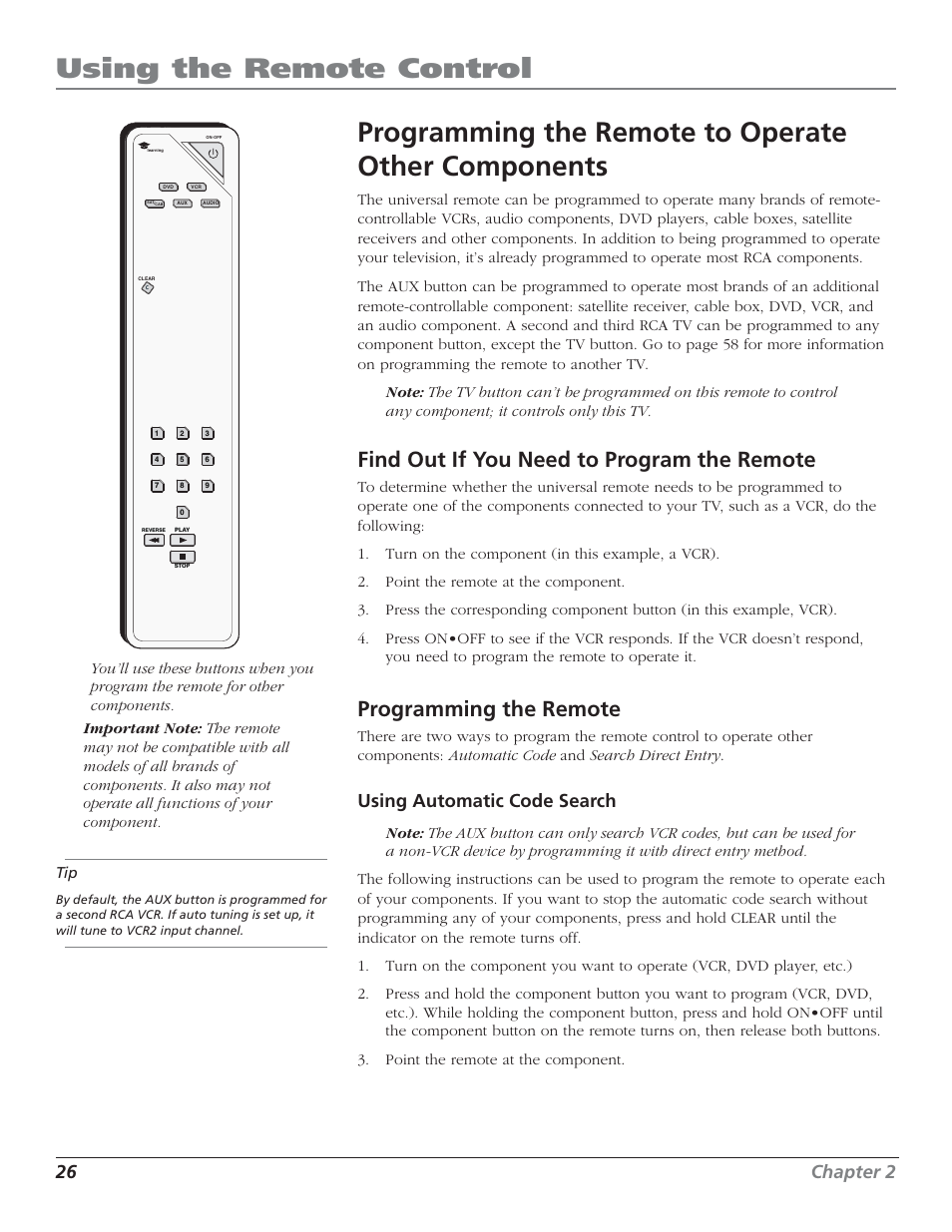Using the remote control, Programming the remote to operate other components, Find out if you need to program the remote | Programming the remote, 26 chapter 2, Using automatic code search | RCA HD50LPW52 User Manual | Page 28 / 80