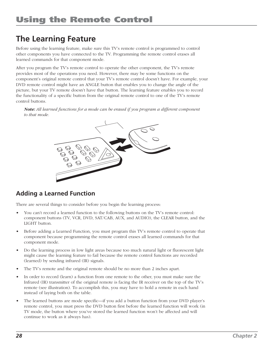 Using the remote control the learning feature, Adding a learned function | RCA HD50LPW52 User Manual | Page 30 / 80