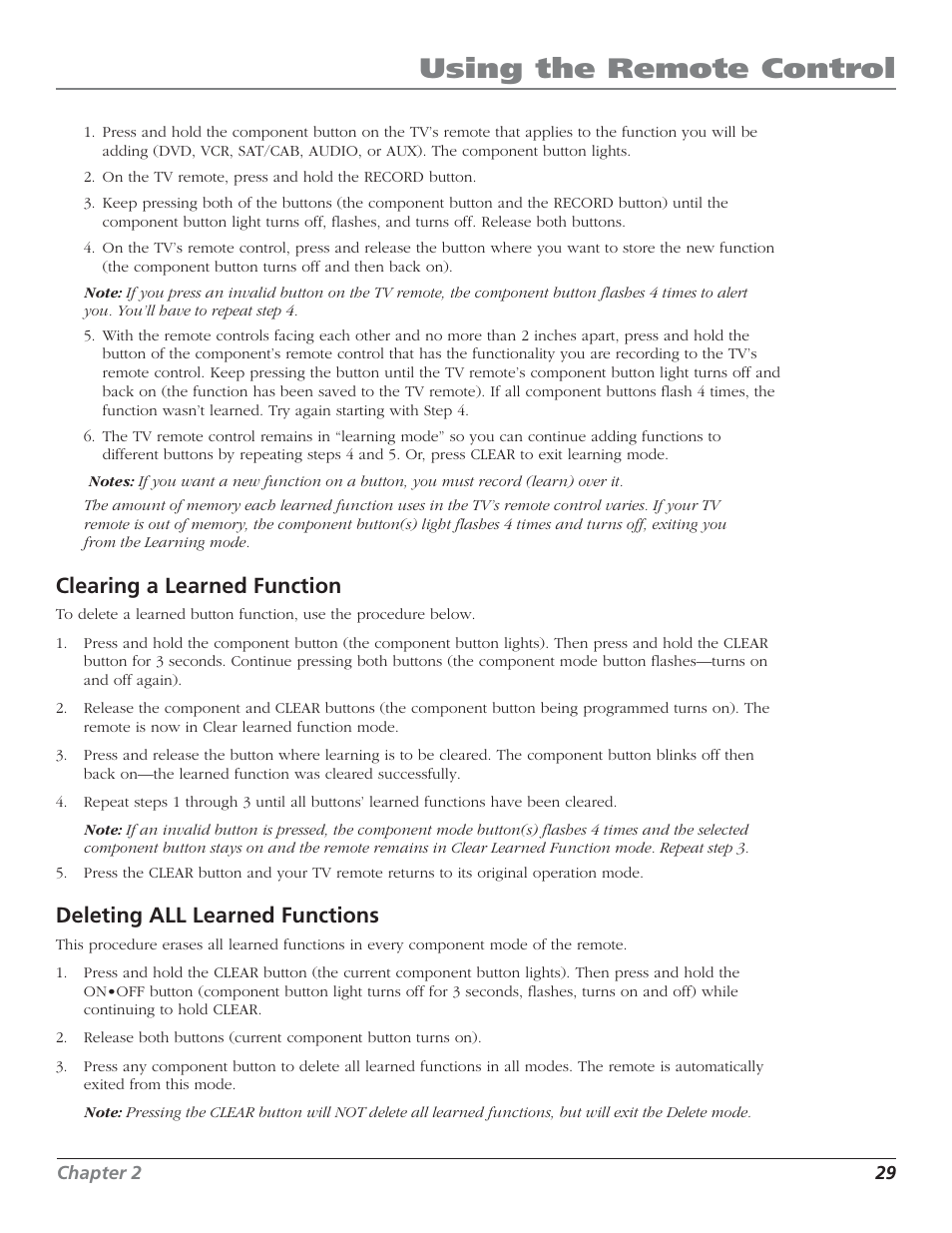 Using the remote control, Clearing a learned function, Deleting all learned functions | RCA HD50LPW52 User Manual | Page 31 / 80