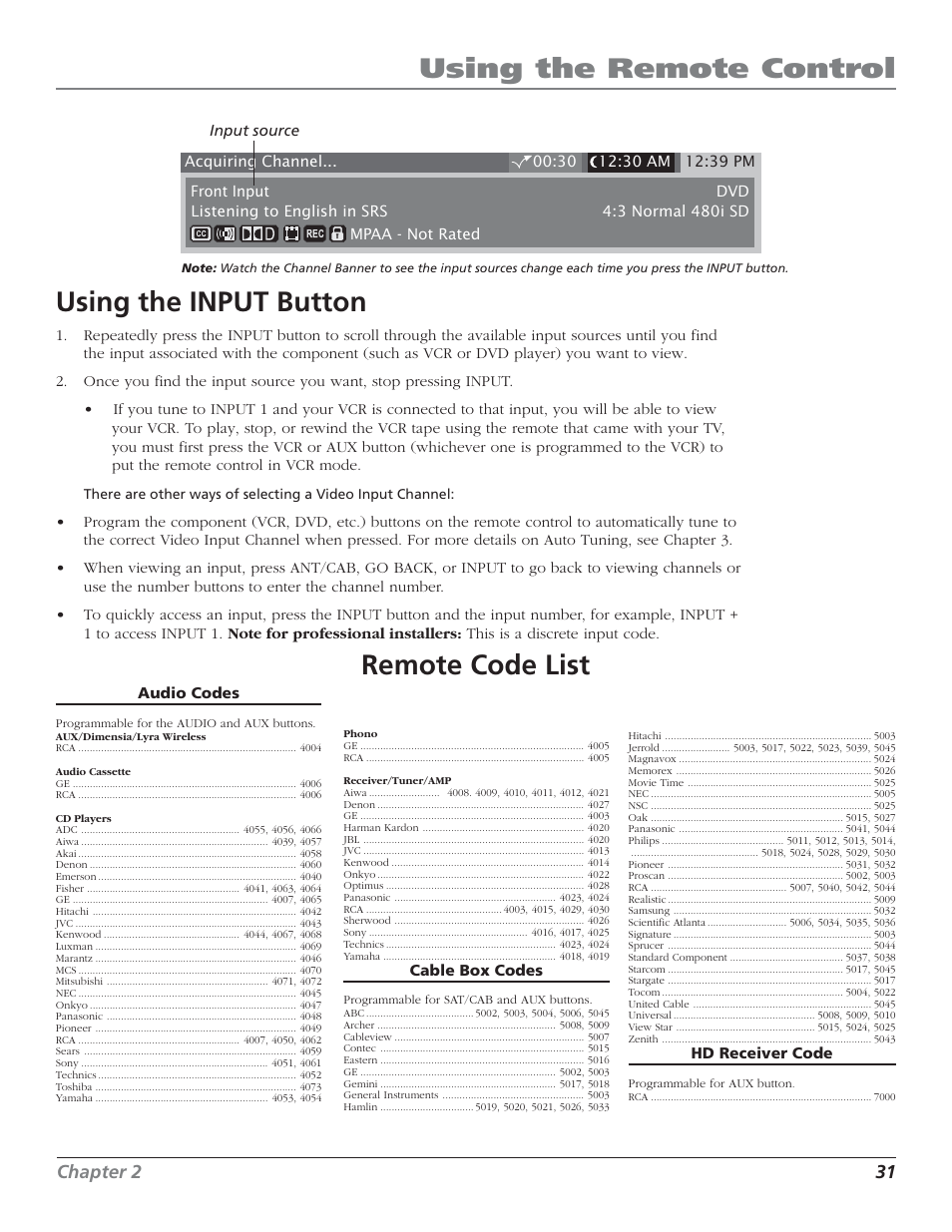 Using the remote control using the input button, Remote code list, Chapter 2 31 | RCA HD50LPW52 User Manual | Page 33 / 80