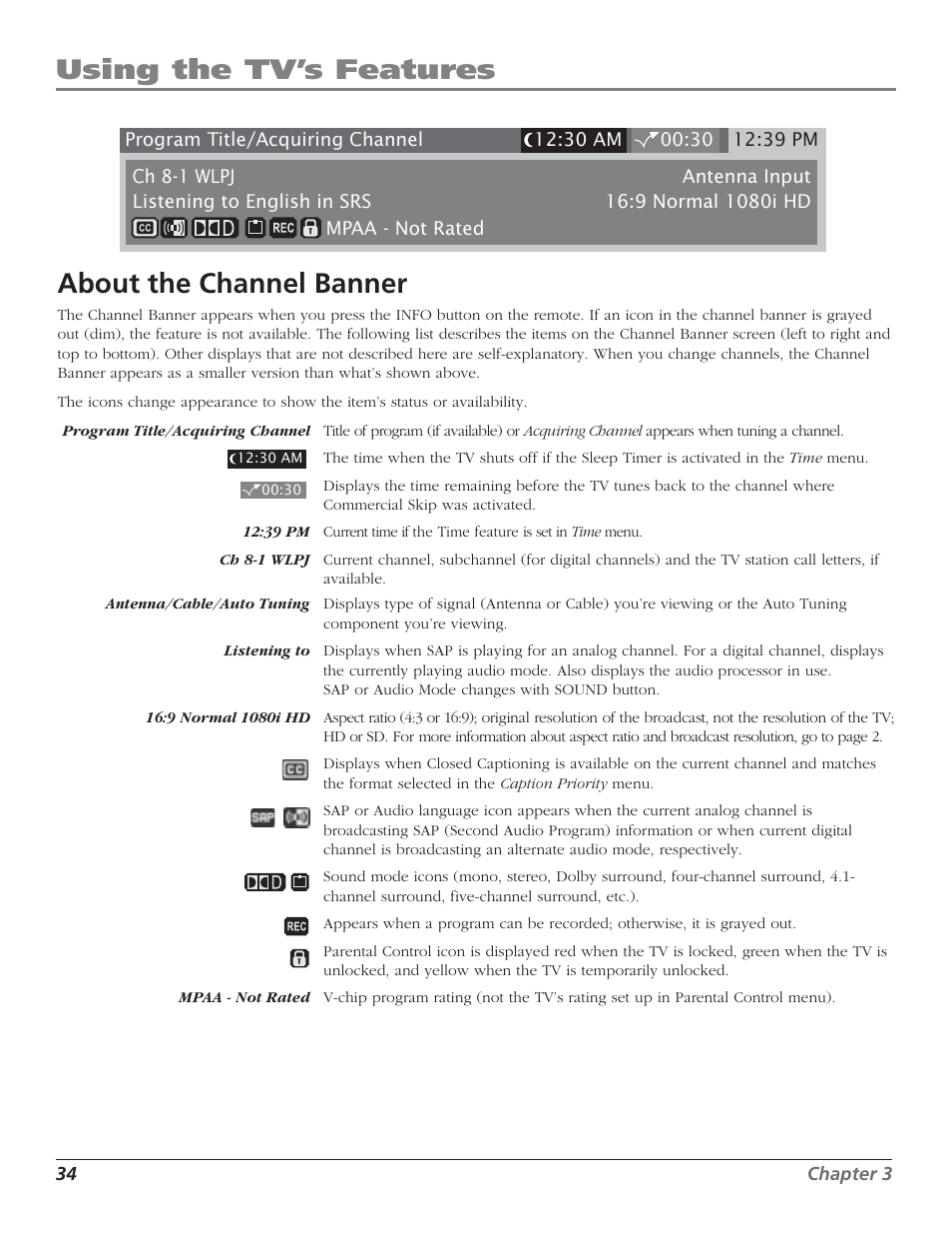 Using the tv’s features, About the channel banner | RCA HD50LPW52 User Manual | Page 36 / 80