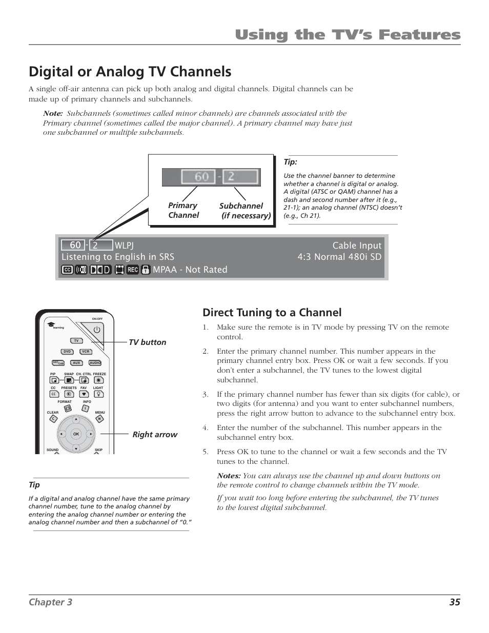 Using the tv’s features, Digital or analog tv channels, Direct tuning to a channel | Chapter 3 35 | RCA HD50LPW52 User Manual | Page 37 / 80