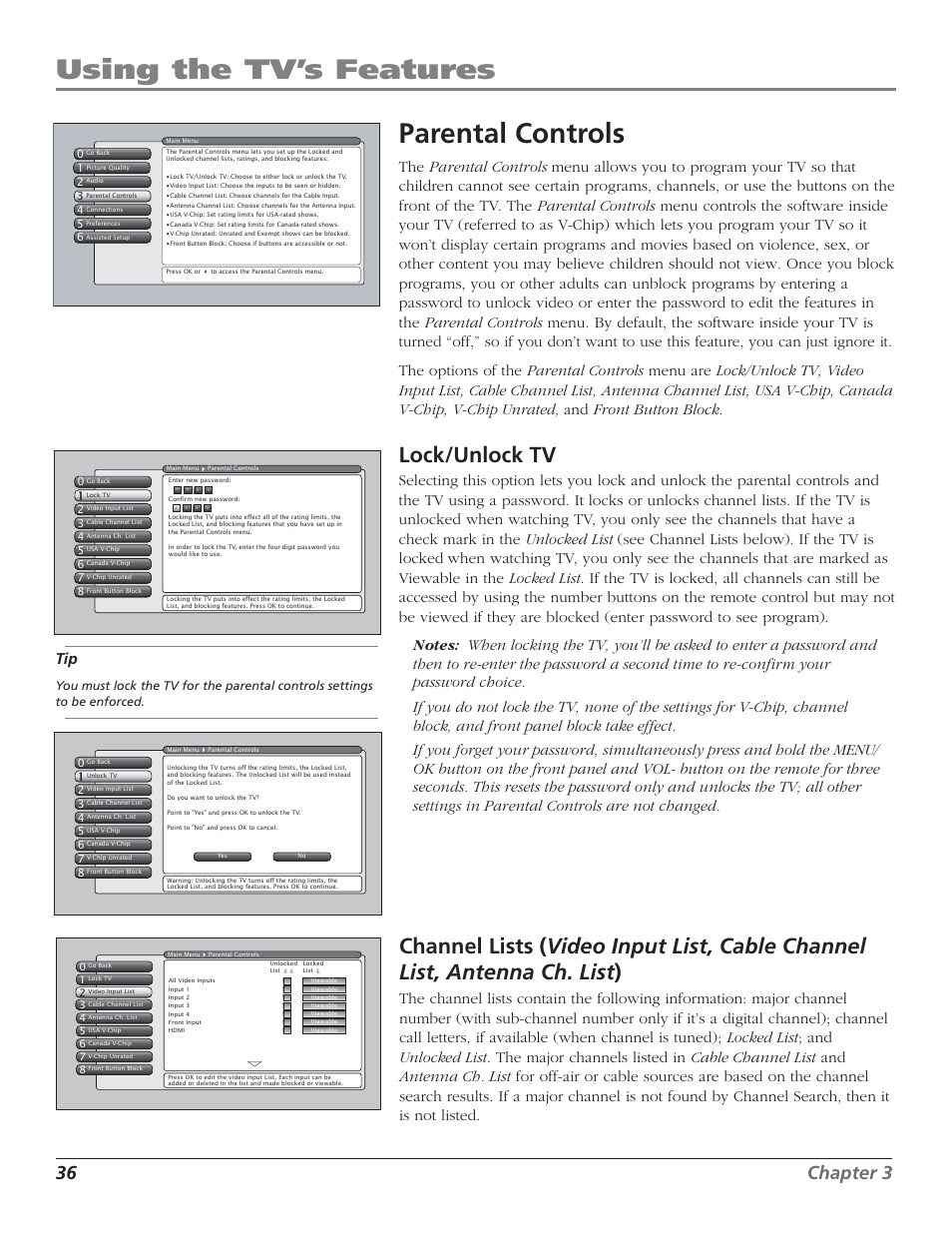 Using the tv’s features, Parental controls, Lock/unlock tv | 36 chapter 3 | RCA HD50LPW52 User Manual | Page 38 / 80