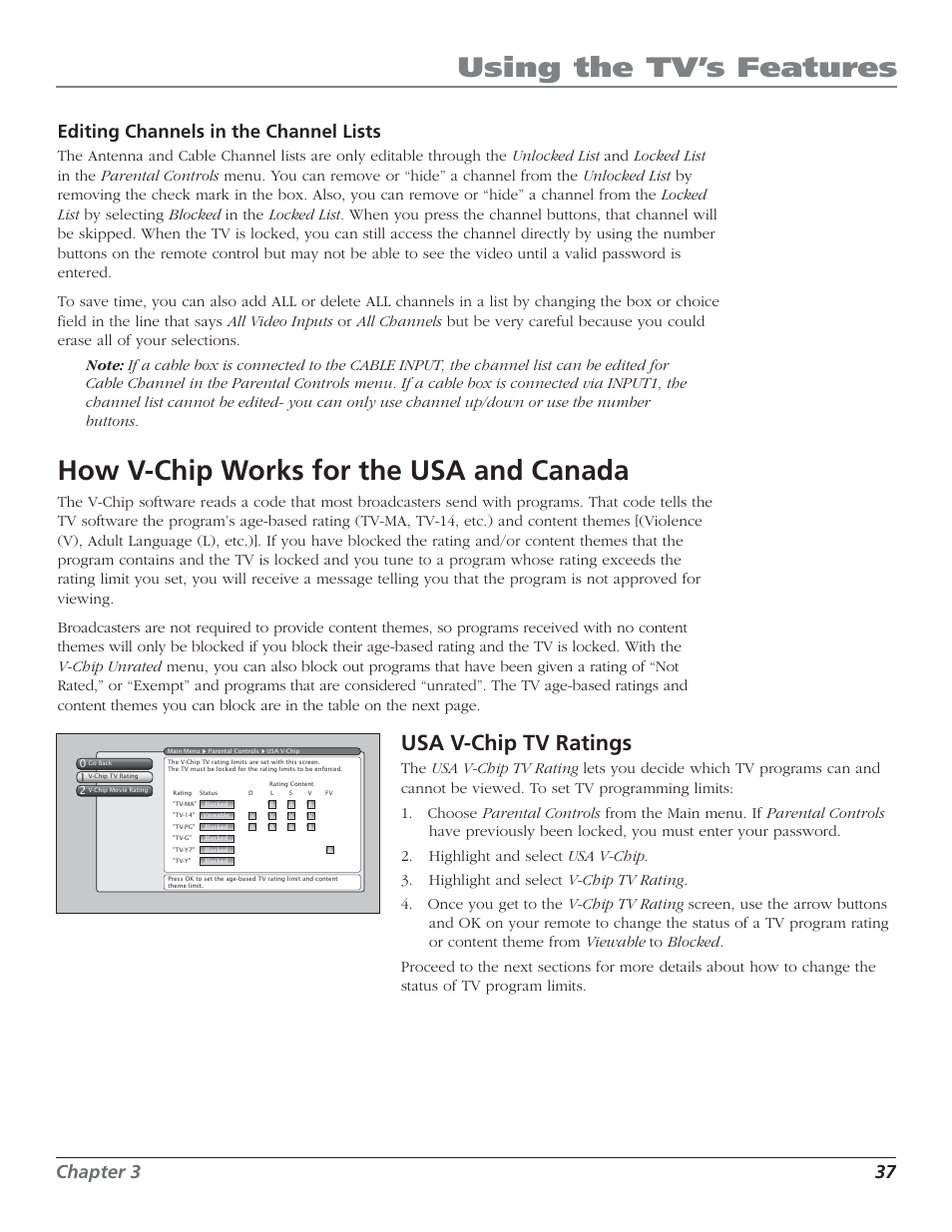 Using the tv’s features, How v-chip works for the usa and canada, Usa v-chip tv ratings | Chapter 3 37 editing channels in the channel lists | RCA HD50LPW52 User Manual | Page 39 / 80