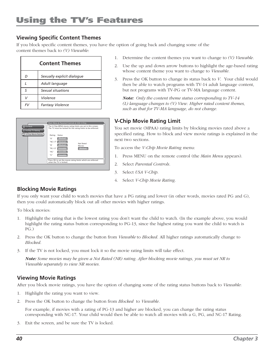 Using the tv’s features, 40 chapter 3 viewing specific content themes, Content themes | V-chip movie rating limit, Blocking movie ratings, Viewing movie ratings | RCA HD50LPW52 User Manual | Page 42 / 80
