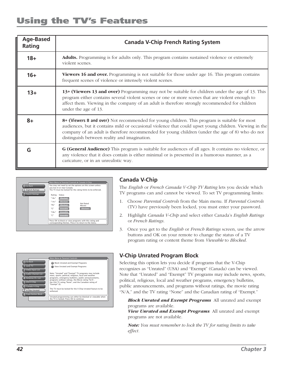 Using the tv’s features, 42 chapter 3 canada v-chip, V-chip unrated program block | RCA HD50LPW52 User Manual | Page 44 / 80