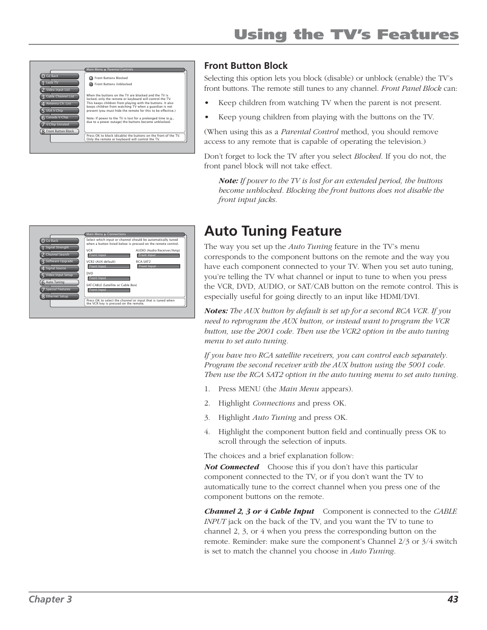 Using the tv’s features, Auto tuning feature, Chapter 3 43 front button block | RCA HD50LPW52 User Manual | Page 45 / 80