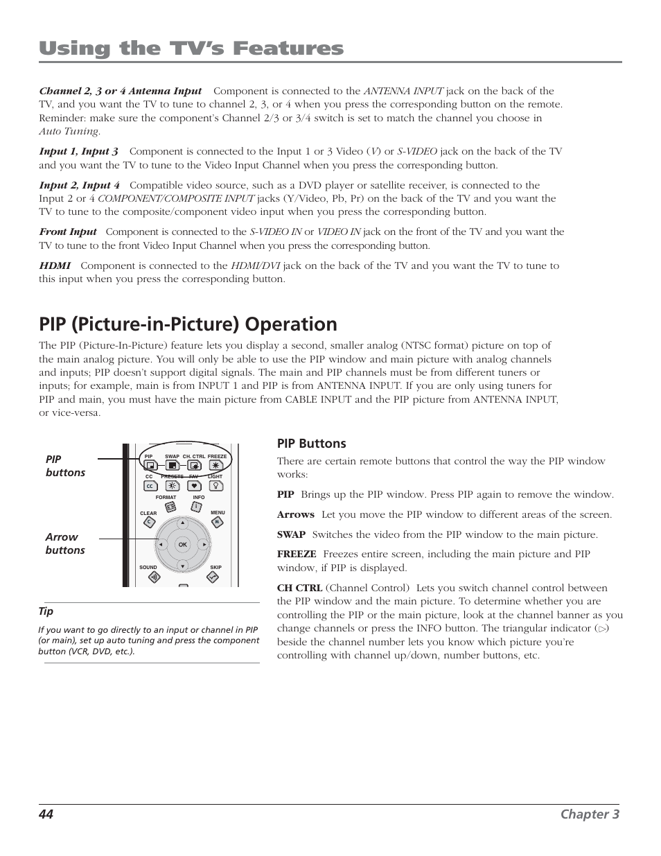 Using the tv’s features, Pip (picture-in-picture) operation, 44 chapter 3 | Pip buttons | RCA HD50LPW52 User Manual | Page 46 / 80