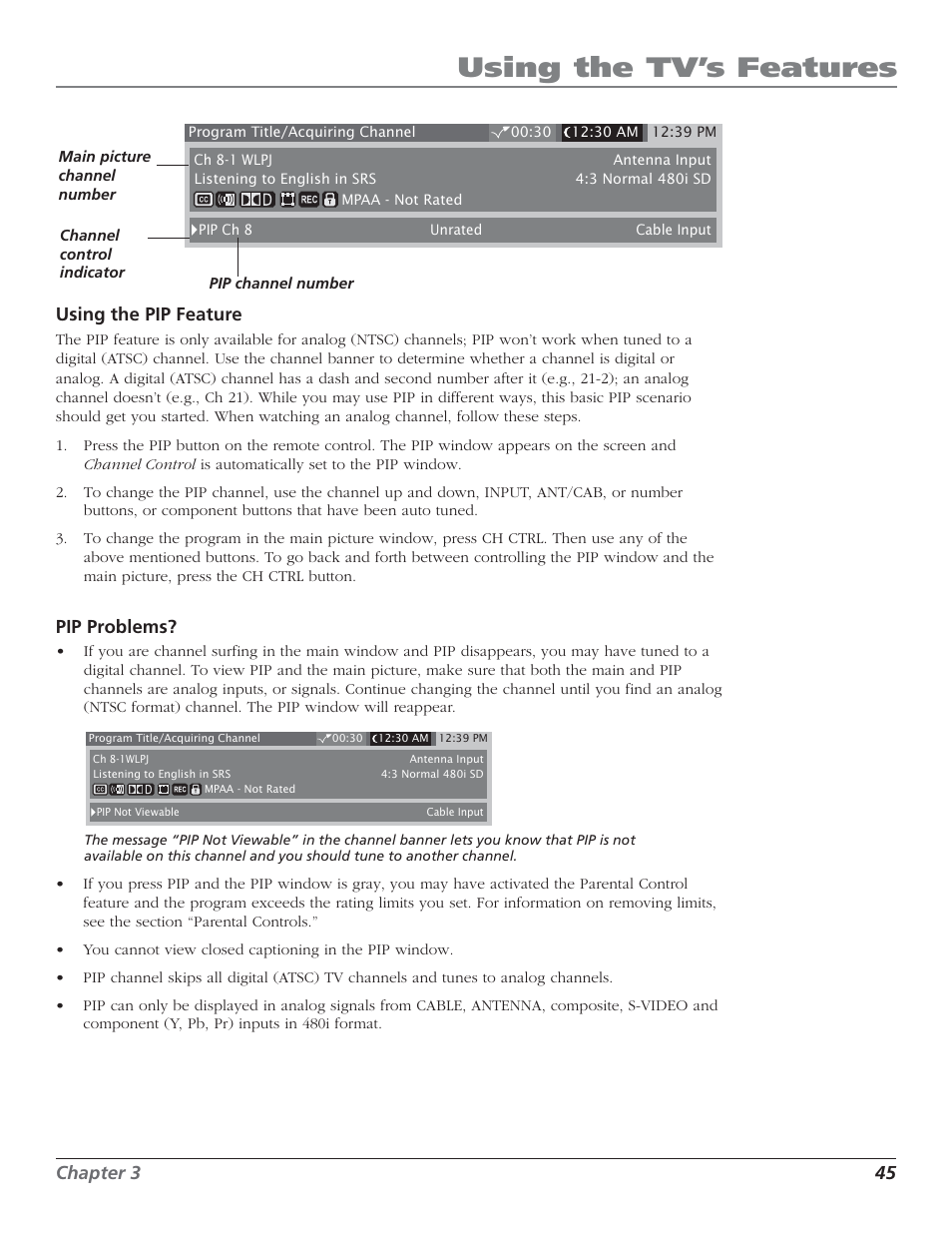 Using the tv’s features, Chapter 3 45 using the pip feature, Pip problems | RCA HD50LPW52 User Manual | Page 47 / 80