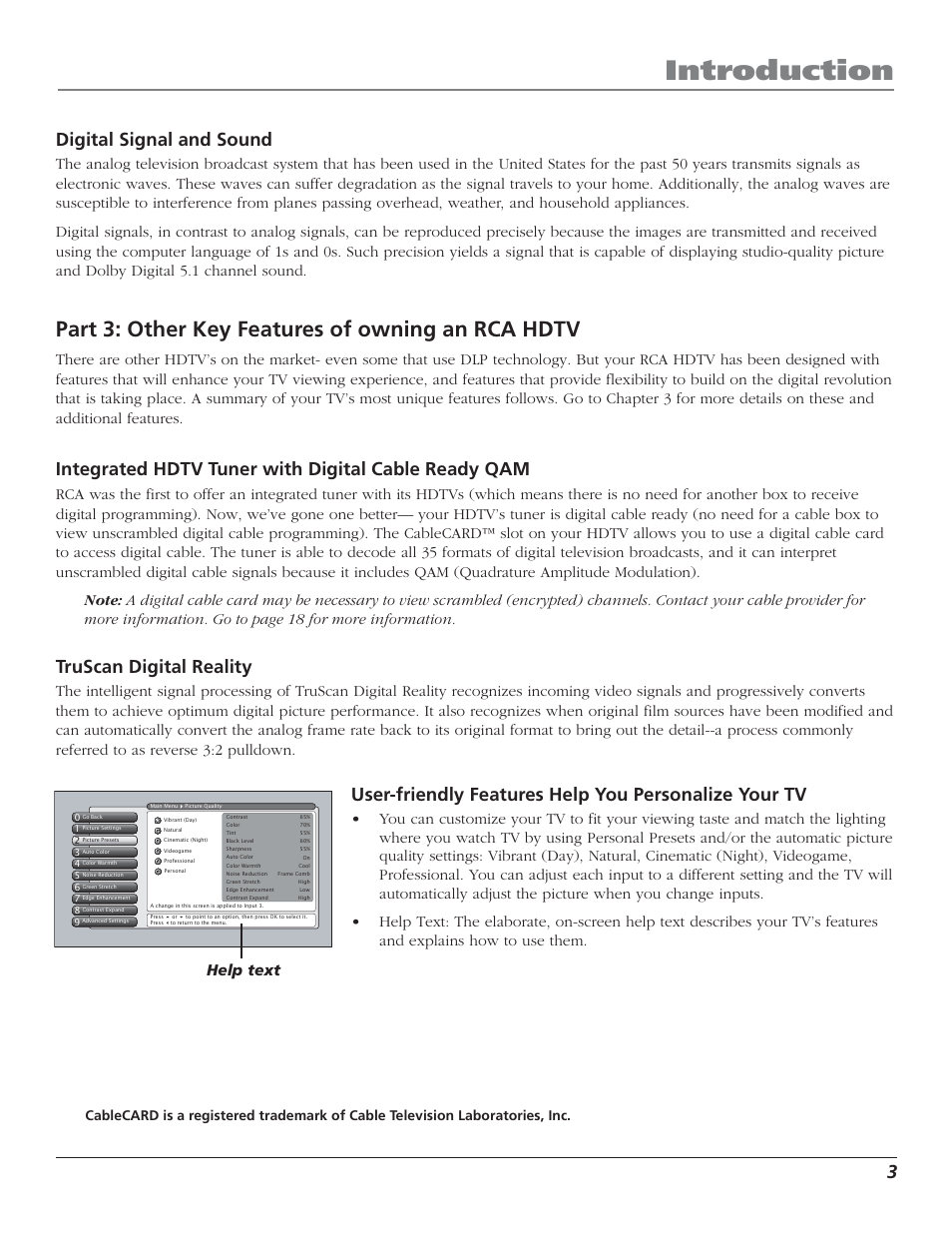 Introduction, Part 3: other key features of owning an rca hdtv, Digital signal and sound | Integrated hdtv tuner with digital cable ready qam, Truscan digital reality, Help text | RCA HD50LPW52 User Manual | Page 5 / 80