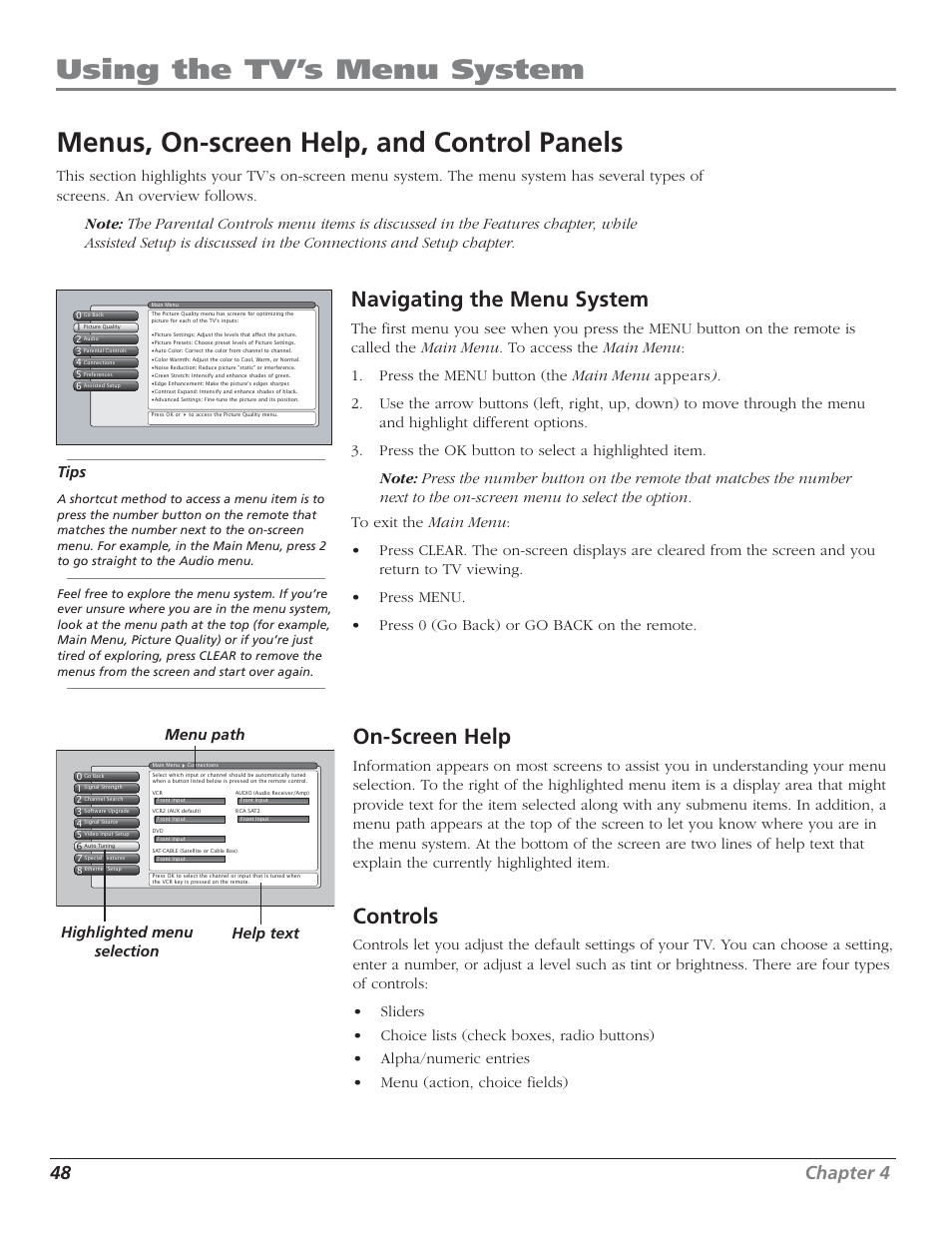 Using the tv’s menu system, Menus, on-screen help, and control panels, Navigating the menu system | On-screen help, Controls, 48 chapter 4, Tips, Menu path help text highlighted menu selection | RCA HD50LPW52 User Manual | Page 50 / 80