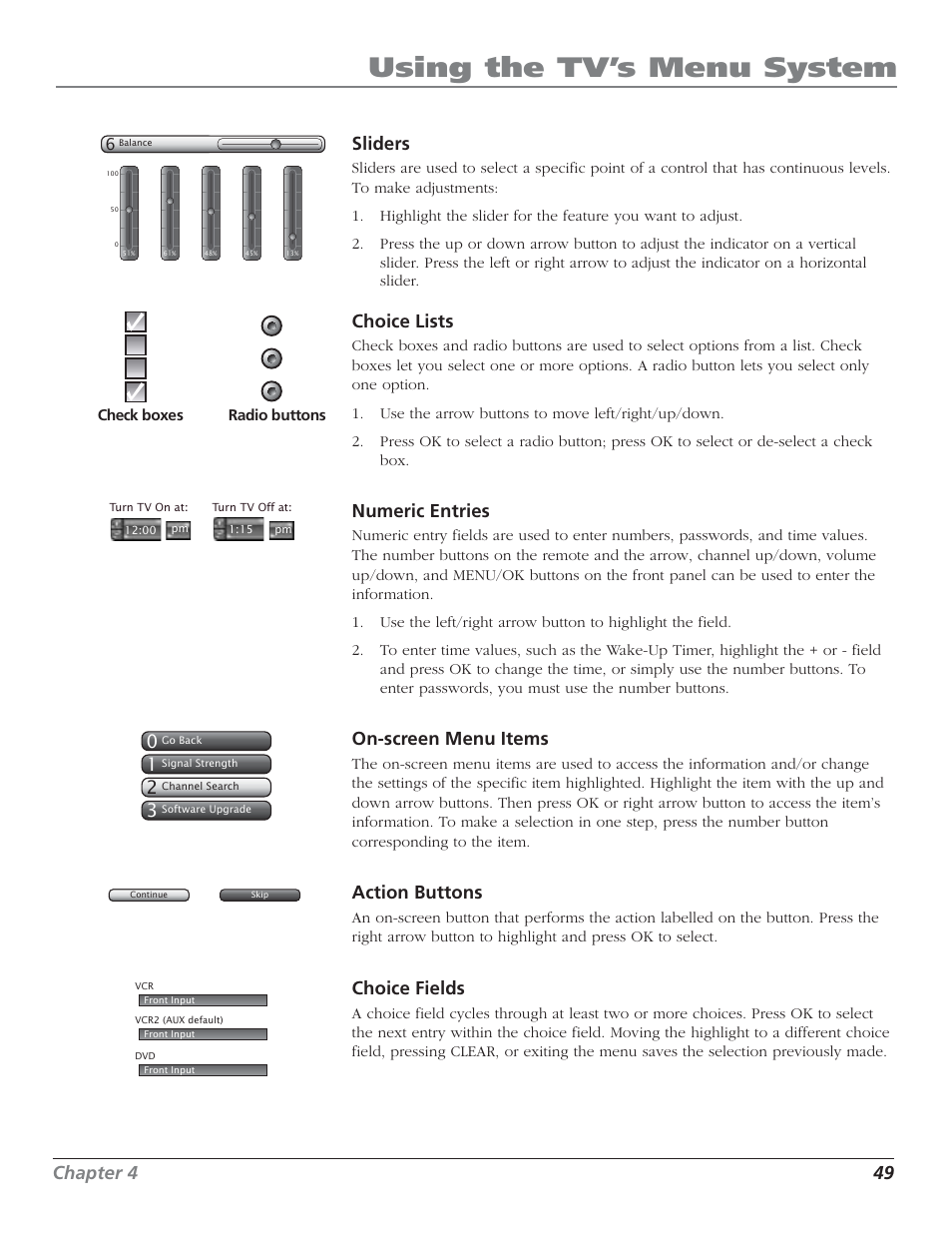 Using the tv’s menu system, Chapter 4 49, Sliders | Choice lists, Numeric entries, On-screen menu items, Action buttons, Choice fields | RCA HD50LPW52 User Manual | Page 51 / 80