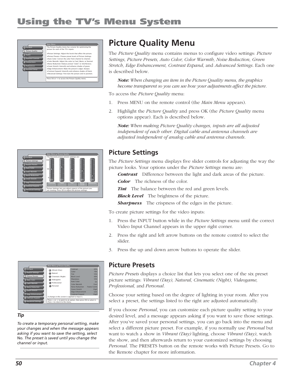 Using the tv’s menu system picture quality menu, Picture settings, Picture presets | 50 chapter 4 | RCA HD50LPW52 User Manual | Page 52 / 80
