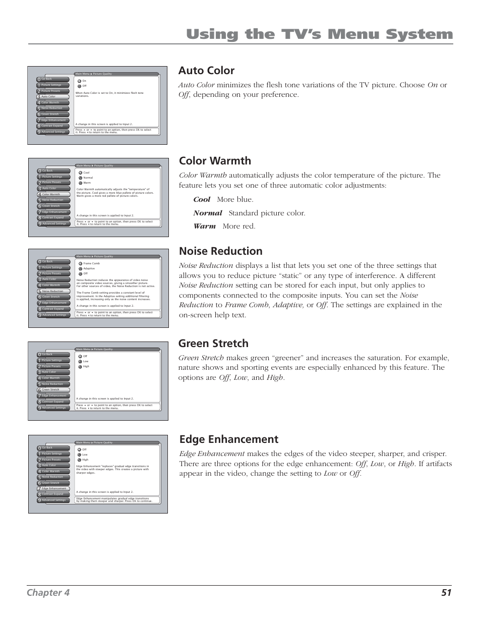 Using the tv’s menu system, Color warmth, Noise reduction | Auto color, Green stretch, Edge enhancement, Chapter 4 51 | RCA HD50LPW52 User Manual | Page 53 / 80