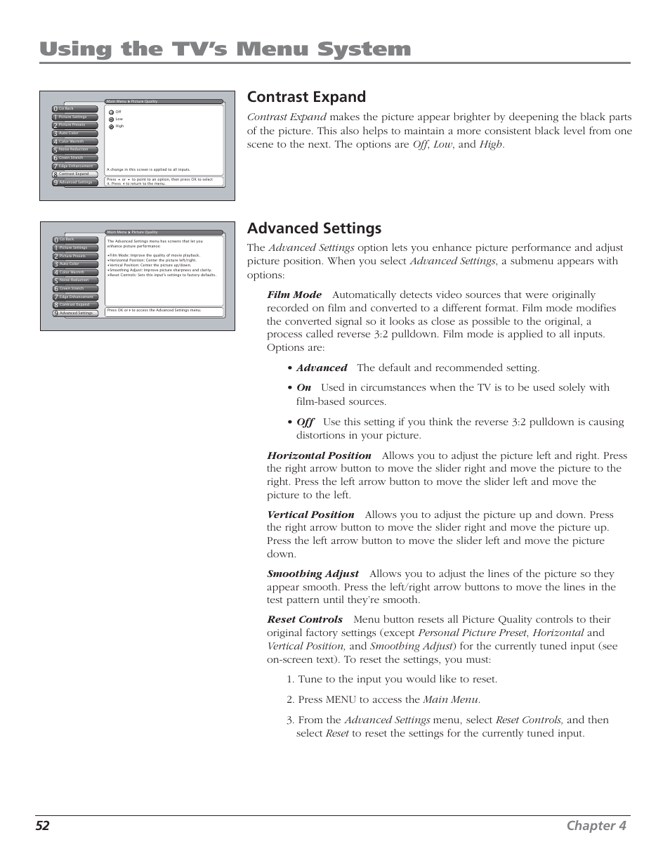 Using the tv’s menu system, Contrast expand, Advanced settings | 52 chapter 4 | RCA HD50LPW52 User Manual | Page 54 / 80