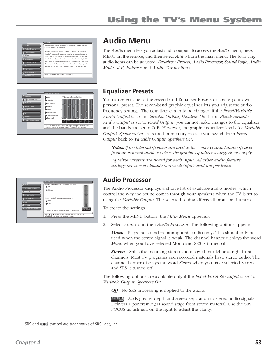 Using the tv’s menu system, Audio menu, Equalizer presets | Audio processor, Chapter 4 53, Srs and ( ) symbol are trademarks of srs labs, inc | RCA HD50LPW52 User Manual | Page 55 / 80