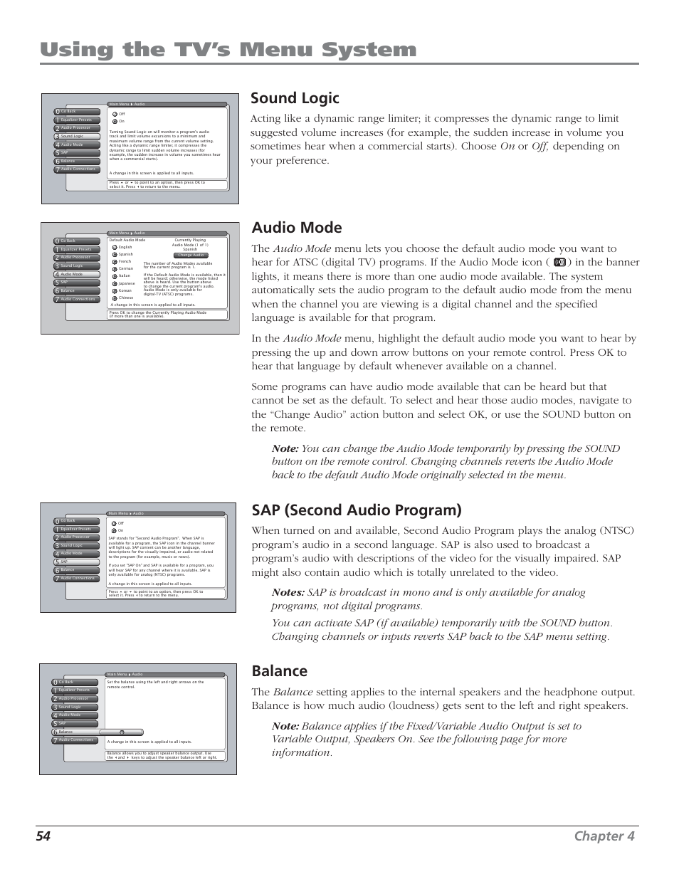 Using the tv’s menu system, Sound logic, Audio mode | Sap (second audio program), Balance, 54 chapter 4 | RCA HD50LPW52 User Manual | Page 56 / 80