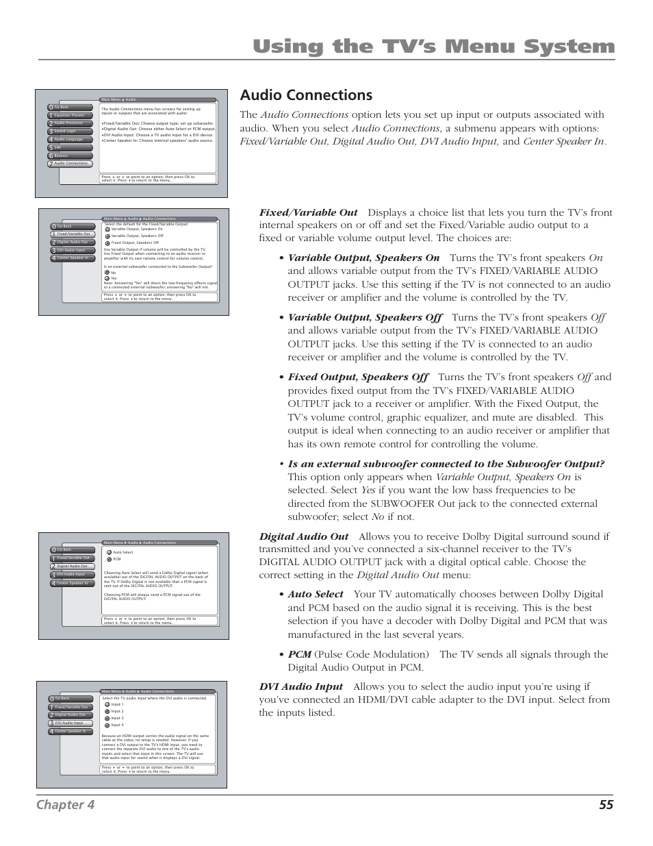 Using the tv’s menu system, Audio connections, Chapter 4 55 | RCA HD50LPW52 User Manual | Page 57 / 80